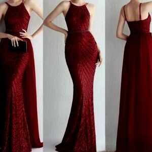 Burgundy, O Neck, Sleeveless, Detachable Skirt, Sequined Mermaid Gown